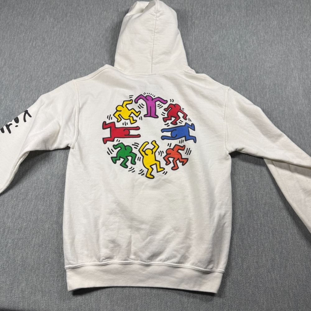 Keith Haring Hoodie Womens S White Pop Art Graphic Circle Dancing Men Pullover